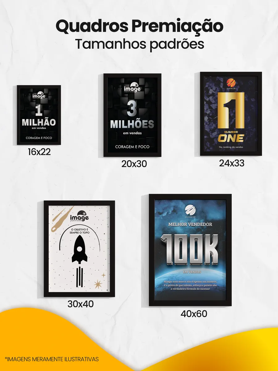 Os cinco tamanhos padrão dos quadros de premiação lado a lado: 16x22, 20x30, 24x33, 30x40 e 40x60 cm